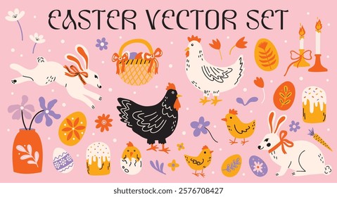 Easter holiday concept vector stickers design elements set. Collection of groovy funky cartoon illustration of white bunny, rabbit, chiken, eggs, traditional food, candles, spring flowers