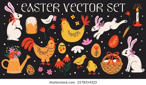 Easter holiday concept vector stickers design elements set. Collection of groovy funky cartoon illustration of white bunny, rabbit, chiken, eggs, traditional food, candles, spring flowers