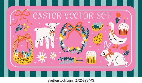 Osterferien Konzept Vektor Aufkleber Design Elemente Set. Sammlung von groovigen funky Cartoon Illustration von weißen Hasen, Lamm, Eier, Küken, traditionelles Essen, Kranz, Frühlingsblumen, Ostara