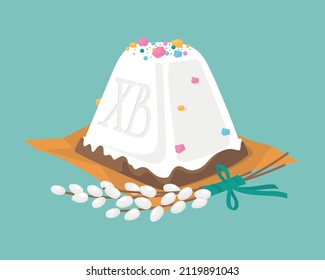 Easter holiday. Cottage cheese Easter and willow branch. A traditional dish. Vector image. 