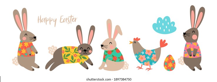 Diseño de pancartas adorables para las vacaciones de Pascua. Impresión infantil para tarjeta de saludo, banner y decoración
