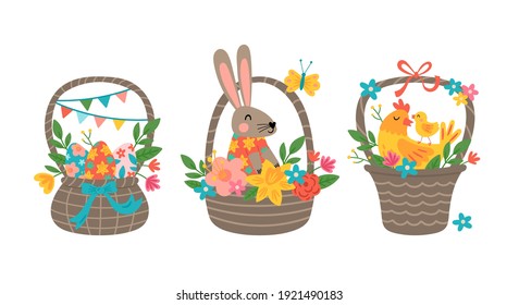 Easter holiday cute basket set with Easter eggs, bunny and chicken. Childish print for greeting card, banner and decoration