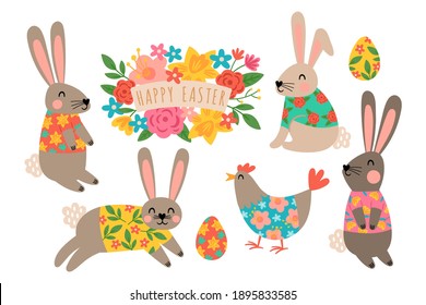 Easter holiday cute element set. Childish print for cards, stickers, banner and decoration