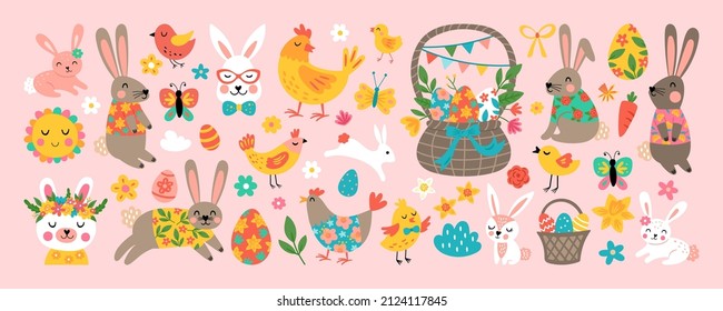 Easter holiday cute element set. Childish print for cards, stickers, banner and decoration