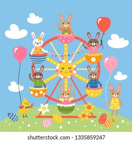 Easter holiday cute greeting card with bunnies on ferris wheel. Childish print for cards, party invitations and nursery decoration