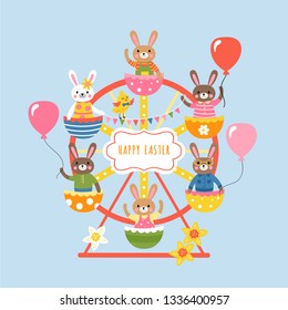 Easter holiday cute greeting card with bunnies on ferris wheel. Childish print for cards, party invitations and nursery decoration