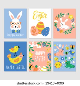 Easter holiday cute greeting cards set with bunny, flowers and Easter eggs. Childish print for cards, stickers and nursery decoration