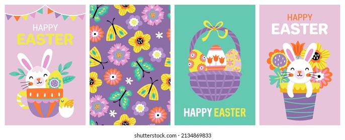 Easter holiday cute greeting cards set with bunny, flowers and Easter eggs. Childish print for cards, stickers and banner