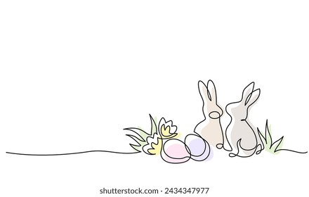 Easter holiday decoration. Rabbit, eggs on grass with flowers. Continuous one line drawing. Egg hunter concept line art. Hand drawn vector illustration for greeting card, poster