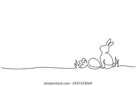 Easter holiday decoration. Rabbit, eggs on grass. Continuous one line drawing. Egg hunter concept line art. Hand drawn vector illustration for greeting card, poster