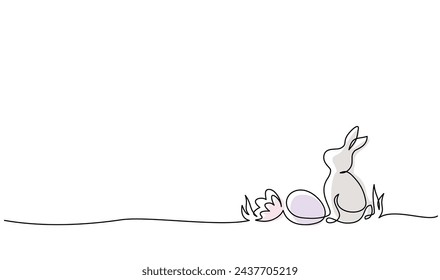 Easter holiday decoration. Rabbit, eggs on grass. Continuous one line drawing. Egg hunter concept line art. Hand drawn vector illustration for greeting card, poster