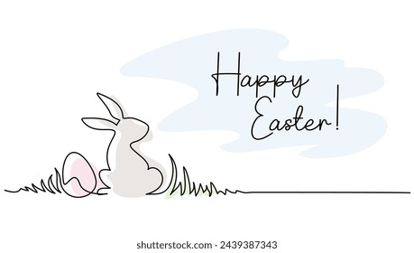 Easter holiday decoration. Rabbit, eggs on grass. Continuous one line drawing. Egg hunter concept line art. Hand drawn vector illustration for greeting card, poster