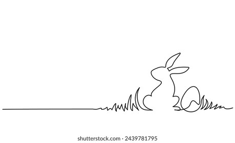 Easter holiday decoration. Rabbit, eggs on grass. Continuous one line drawing. Egg hunter concept line art. Hand drawn vector illustration for greeting card, poster