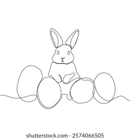 Easter Holiday decoration. Rabbit and eggs continuous line drawing. Hand drawn vector illustration.