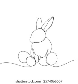 Easter Holiday decoration. Rabbit and eggs continuous line drawing. Hand drawn vector illustration.