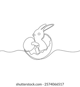 Easter Holiday decoration. Rabbit and eggs continuous line drawing. Hand drawn vector illustration.