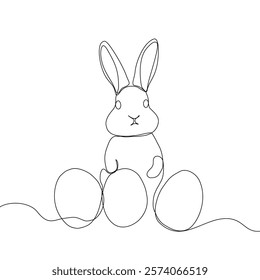 Easter Holiday decoration. Rabbit and eggs continuous line drawing. Hand drawn vector illustration.