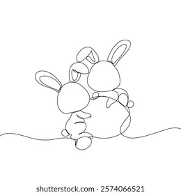 Easter Holiday decoration. Rabbit and eggs continuous line drawing. Hand drawn vector illustration.