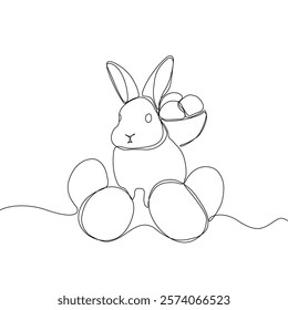 Easter Holiday decoration. Rabbit and eggs continuous line drawing. Hand drawn vector illustration.