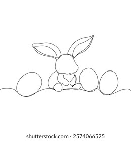 Easter Holiday decoration. Rabbit and eggs continuous line drawing. Hand drawn vector illustration.