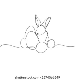 Easter Holiday decoration. Rabbit and eggs continuous line drawing. Hand drawn vector illustration.