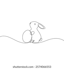 Easter Holiday decoration. Rabbit and eggs continuous line drawing. Hand drawn vector illustration.