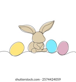 Easter Holiday decoration. Rabbit and eggs continuous line drawing. Hand drawn vector illustration.