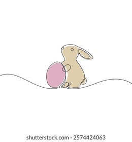 Easter Holiday decoration. Rabbit and eggs continuous line drawing. Hand drawn vector illustration.