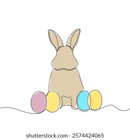 Easter Holiday decoration. Rabbit and eggs continuous line drawing. Hand drawn vector illustration.