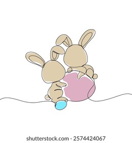 Easter Holiday decoration. Rabbit and eggs continuous line drawing. Hand drawn vector illustration.