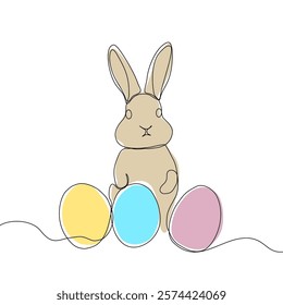 Easter Holiday decoration. Rabbit and eggs continuous line drawing. Hand drawn vector illustration.