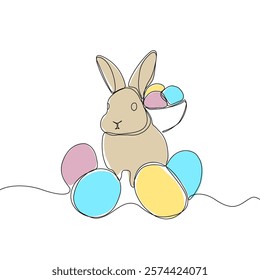 Easter Holiday decoration. Rabbit and eggs continuous line drawing. Hand drawn vector illustration.