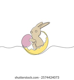 Easter Holiday decoration. Rabbit and eggs continuous line drawing. Hand drawn vector illustration.