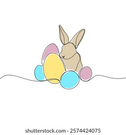 Easter Holiday decoration. Rabbit and eggs continuous line drawing. Hand drawn vector illustration.