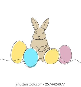 Easter Holiday decoration. Rabbit and eggs continuous line drawing. Hand drawn vector illustration.