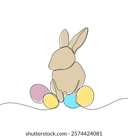 Easter Holiday decoration. Rabbit and eggs continuous line drawing. Hand drawn vector illustration.