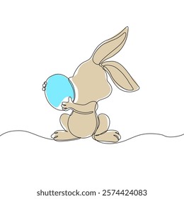 Easter Holiday decoration. Rabbit and eggs continuous line drawing. Hand drawn vector illustration.