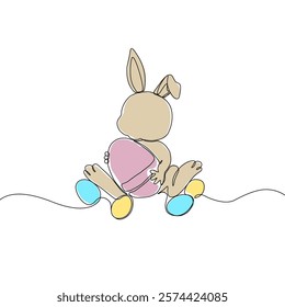 Easter Holiday decoration. Rabbit and eggs continuous line drawing. Hand drawn vector illustration.