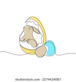 Easter Holiday decoration. Rabbit and eggs continuous line drawing. Hand drawn vector illustration.