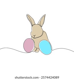 Easter Holiday decoration. Rabbit and eggs continuous line drawing. Hand drawn vector illustration.