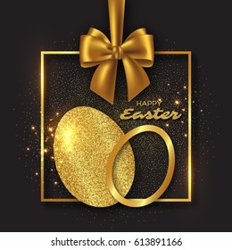 Easter holiday design. Abstract glitter eggs with golden frame and realistic bow, black background. Vector illustration.