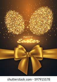 Easter holiday design with glitter egg and realistic golden bow. Card for greeting or invitation. Vector illustration.