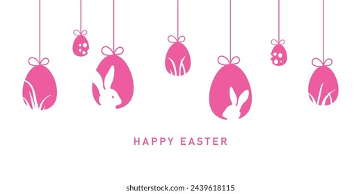 Easter holiday design, vibrant pink egg motifs suspended with decorative elements include polka dots, grass, and bunny silhouettes, eggs adorned with bows, white background. Happy Easter greeting.