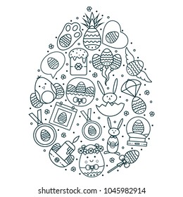 Easter holiday egg shaped composition with flat line symbols and signs: envelope, bunny, basket, chicken, calendar. Template for card, invitation, flyer, leaflet, banner in thin linear design.