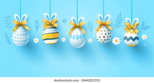 Easter holiday, eggs with bunny ears and bow. Vector illustration