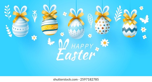Easter holiday, eggs with bunny ears and bow. Vector illustration