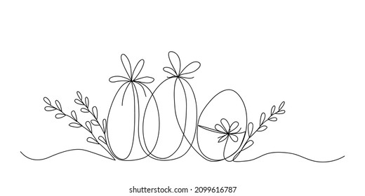 Easter holiday eggs and plant branches drawn by one line  Happy Easter concept  Greeting banner desing  Modern art  Vector illustration in minimal style 