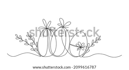 Easter holiday eggs with plant branches drawn by one line. Happy Easter concept. Greeting banner desing. Modern art. Vector illustration in minimal style.