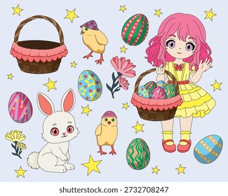 Pascua Festiva Elementos Huevos Polluelo Conejo Cesta Huevo Caza Colección Vector