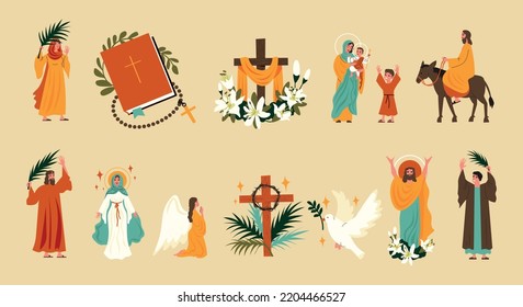 Easter holiday flat icons set with Bible scenes with Jesus Christ and angels isolated vector illustration